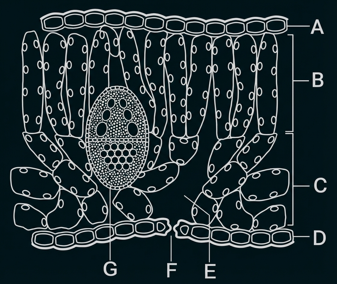 Schematischer Querschnitt eines Blattes mit Epidermis, Palisaden- und Schwammgewebe, Leitbündel und Stomata, beschriftet.